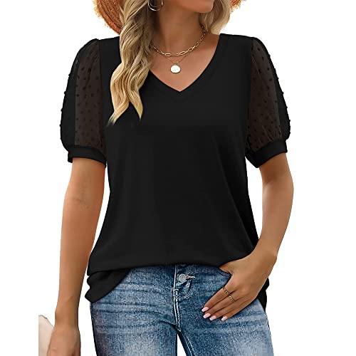 BKEPDY Camiseta Mujer Manga Corta Cuello V Corto Sólido Manga Hueca Burbuja Camisa de Basica Camiseta Suelto Tops Casual Fiesta Elegante Cómodo T-Shirt Original tee (Negro XL)