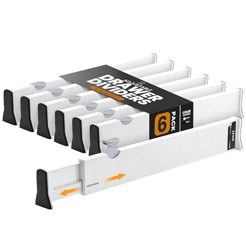 Image of RAPTUROUS Adjustable Drawer Dividers, 2.5" Tall, Expandable 13-22", 6-Pack, Non-Slip for Dresser, Closet, Kitchen, Nursery, and Office (White)