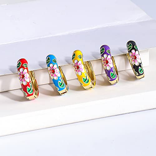 Xerling XERLING-EARS-177 Vintage Flower Huggie Hoop Earrings Antique Retro Enamel Copper Round Circle Hoop Earrings thumb #3