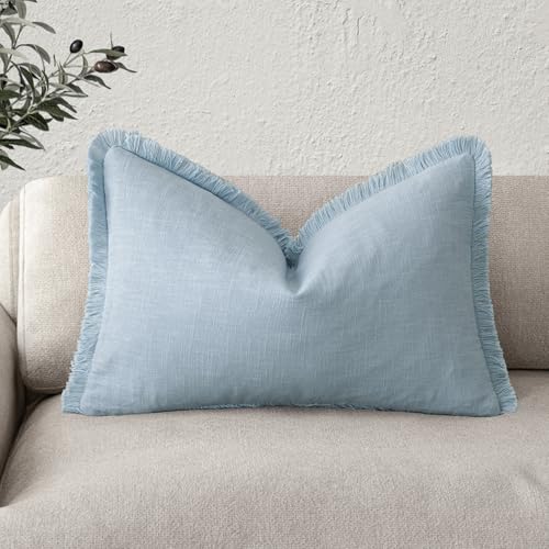 Image of Foindtower Decorative Linen Fringe Lumbar Throw Pillow Covers Cozy Boho Farmhouse Cushion Cover with Tassel Soft Accent Pillowcase for Sofa Bed Living Room Home Decor, 12x20 Inch,1PC,Light Blue