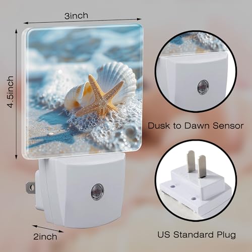 Image of Starfish Seashell on Beach Night Light Plug into Wall, Summmer Ocean Beach Dusk to Dawn Night Light,0.5w Energy Saving Sleep Friendly Nightlights for Kids Boys Girls Home Decor