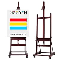 MEEDEN Large Studio Artist Easel, Hold Max Canvas 48\", Solid Beech Wood H-Frame Easel with Storage Tray, Adjustable Art Paintng Easel, Studio Easel Stand with Wheel for Beginners & Artists,Deep Walnut