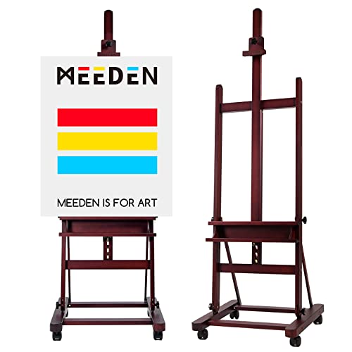 MEEDEN Large Studio Artist Easel, Holds Max Canvas 48", Solid Beech Wood H-Frame Easel with Large Storage Tray, Adjustable Art Painting Easel Stand with Wheels for Beginners & Artists, Deep Walnut