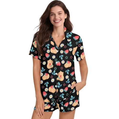 Image of Women's Short Sleeve Sleepwear Button 2 Piece Plus Size Pajamas Casual Soft Stretchy Funny Nightwear with Pockets