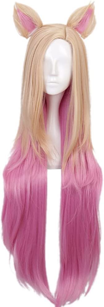 ydoundydound Cosplay Wig Anime Game Cosplay Wig, KDA Ahri Wig, with Cat Ears Women Golden Pink Long Hair with Free Wig Cap, for Halloween, Party, Carnival, Nightlife, Concerts, Weddings for Coser