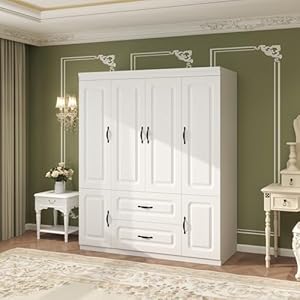 Armoire wardrobe closet white large bedroom armoires wood wardrobe cabinet with 4 door 2 drawers tall wardrobe closet with shelves and 2 hanging rail  urban country home decor