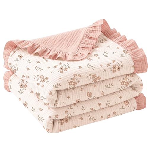 Image of Konssy Flounce Muslin Baby Blanket for Girls Boys 47 x 47 Inches, 100% Cotton Soft Crib Swaddle Blankets, Reversible & Breathable Nursery Bedding for Newborns Toddlers (Blossom)