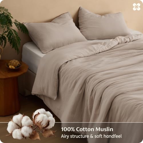 Image of Bedsure 100% Muslin Cotton Duvet Cover Queen Size - Ultra-Soft Gauze Duvet Cover, PureWoven Breathable & Lightweight Bedding Set with Button Closure and Corner Ties (Khaki, Queen, 90 inchx90 inch)