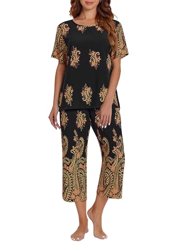 Image of Ekouaer Women's Two Piece Lounge Set Short Sleeve Shirt and Capri Pants Mumu Pajama with Pockets Loungewear Pjs Sets S-2XL