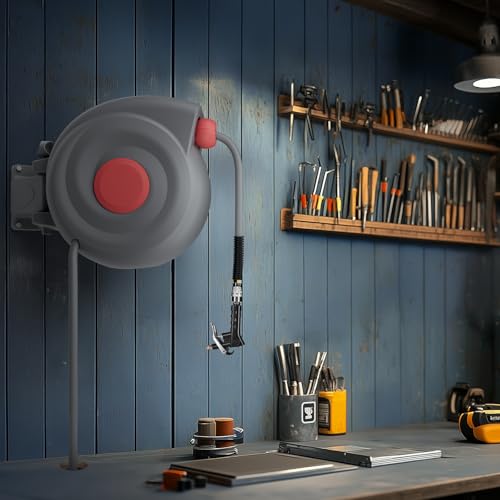Retractable Air Hose Reel with Air Blow Gun, 3/8 In 65 ft Any Length Lock Air Compressor Hose Reel with Handle,180° Swivel Wall Mount for Garage