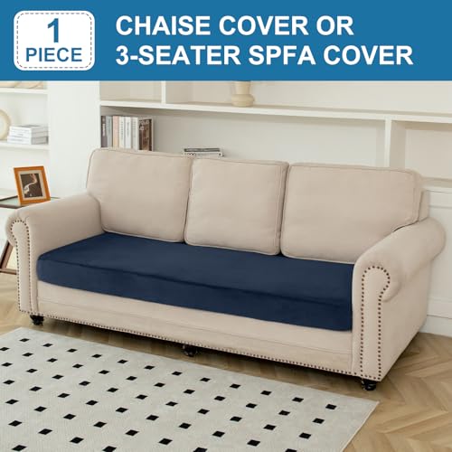 Image of Couch Cover Velvet Chaise Cushion Cover for Sectional Sofas - Elastic L-Shaped Sofa Seat Covers Washable, Slipcover Protector (1-Piece, Berlin Blue)
