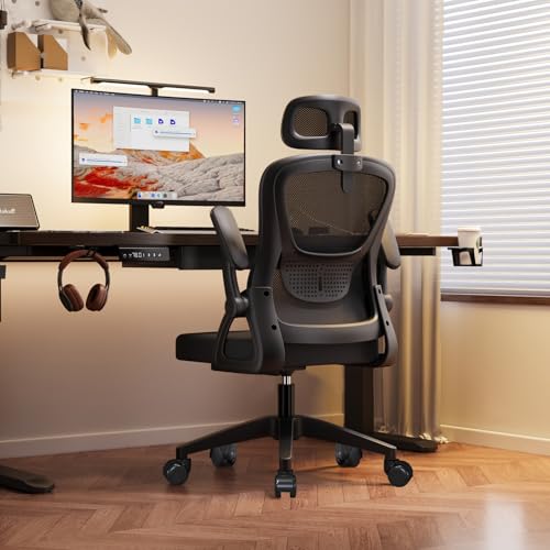 Ergonomic Office Chair, Mesh Swivel Chair with Adjustable Headrest, Flip-up Armrests, Height Adjustable for Home, Office, Work, Gaming and Relaxation, Black - Image 5