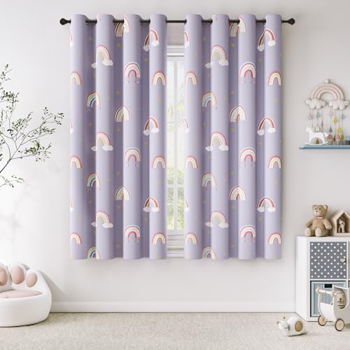Image of Vangao Easter Boho Girls 100% Blackout Curtains Purple for Kids Room 63 Inch Length, Rainbow Window Drapes for Living Room Nursery Thermal Insulated Room Darkening Curtains Bedroom Grommet 2 Panels