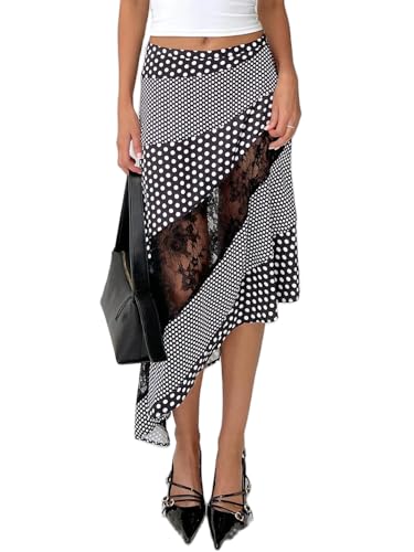 Women Y2k Boho Maxi Skirts Irregular Hem Lace Patchwork Midi Skirt Polka Dot Print Long Skirt Streetwear