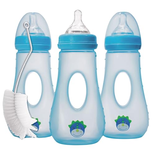Image of Avima Easy Grip Anti Colic Baby Bottles, BPA Free, 8 oz. Wide Neck w/Medium Flow Silicone Nipples & Bottle Brush Blue Set (Pack of 3)