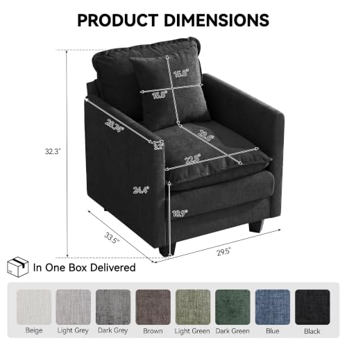 Image of 30'' Cloud Single Couch, Cloud Sofa with Throw Pillow, Modern 1 Seater Reading Chair with Deep Seat, Accent Chairs for Living Room, Bedroom, Small Apartment, Black