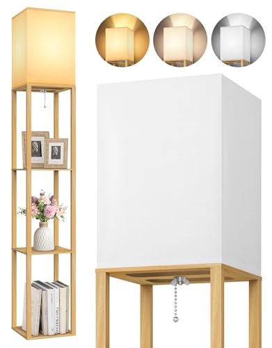 OUTON Lampada da terra con 3 ripiani,piantana design moderno con ripiano in legno, libreria alta a 3 temperature di colore, LED lettura regolabile – Salotto, Camera, Ufficio (Legno)