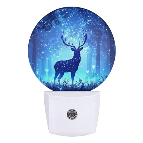 Image of Deer Pine Tree Night Light Foggy Forest Night Lights LED Lamp Round Plug into Wall Nightlight with Dusk to Dawn Sensor Home Hallway Stairway Kitchen Decor