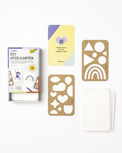 folia 2327 - DIY Spielkarten BLANKO, 36 Stück ca. 6,5 x 10 cm, Spielkarten-Set mit leeren Karten in Weiß, 2 Schablonen aus Kraftpappe und einer Vorlage, Kartenspiel zum selber gestalten