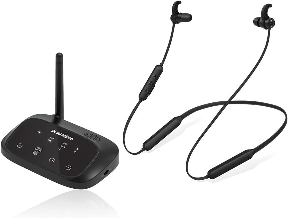 HT5006 Wireless Headphones Earbuds for TV Watching, Neckband Earphones Hearing Set w/Bypass Bluetooth Transmitter for Optical Digital, RCA, 3.5mm Ported TVs, Plug n Play, No Delay