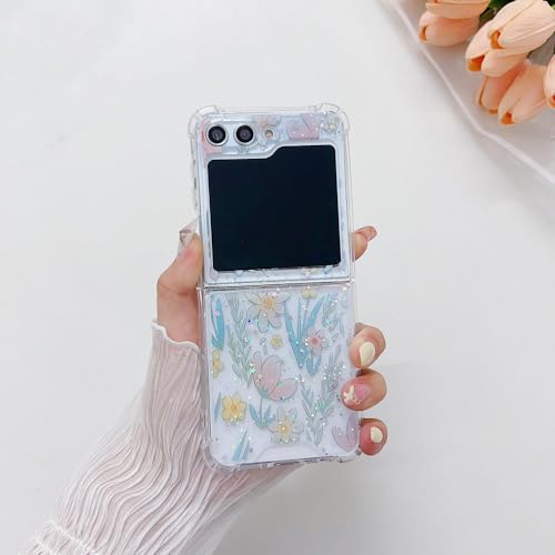 Coque Galaxy Z Flip 5 ENILSA en plastique dur transparent antichoc avec fleurs séchées pailletées