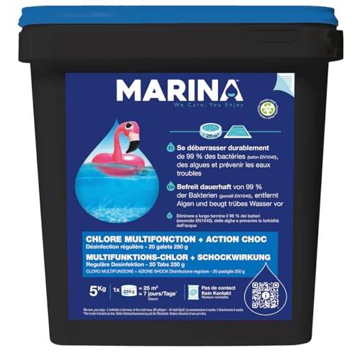 MARINA Cloro multifunción para tratamiento permanente, pastillas de cloro para piscinas, grandes piscinas, desinfección de cloro, piscina grande, desinfección permanente, pastillas de cloro, 5 kg