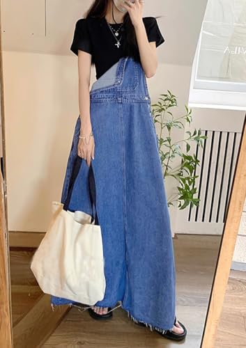 Image of chouyatou Women's Adjustable Strap Distressed Denim Overall Dress A-Line Back Split Pinafore Bib Jean Dress