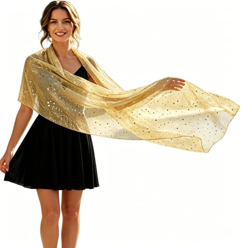 LECHI Women Sequin Mesh Scarf Glitter Sheer Beach Shawl Wrap Sparkling Metallic Evening Dress Bandana Scarf (Gold)