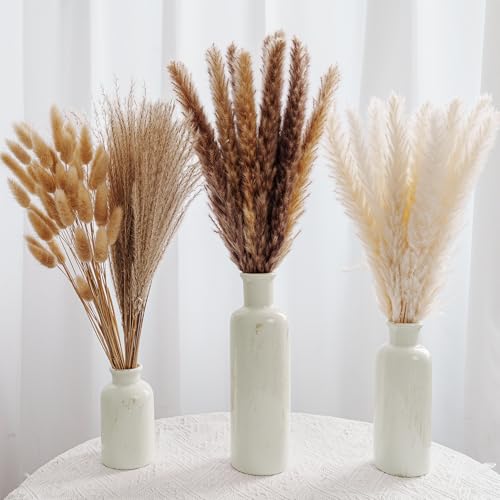 Pampas Grass with Vase Set – 3 Beige White Ceramic Vases with Natural Dried Pampas, Bunny Tails & More – Neutral Farmhouse Decor for Fireplace, Home, Mantel, Entryway, Kitchen & Boho Table Centerpiece
