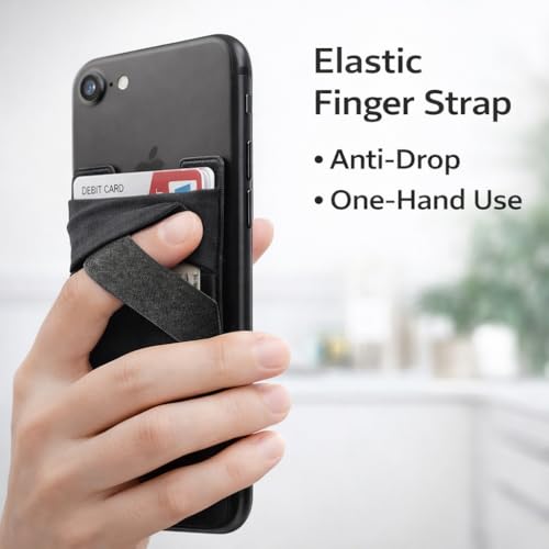 Image of Mizi (2 Pack Adhesive Phone Stretchy Wallet, Card Holder for Back of Phone Stick on Cases, Unique Double Pocket Design + Finger Strap for iPhone /Android /Samsung Galaxy - Black