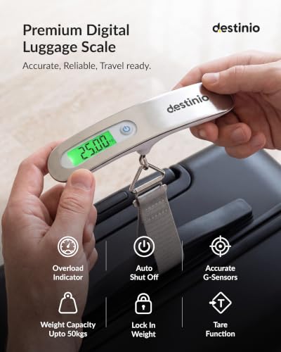 Image of Destinio Digital Weight Machine for Luggage - 50kg Capacity, Portable Hanging Weighing Scale for Bags, Baggage, Travel, Shop, Home & Gas Cylinder - Suitcase Weighing Scale, Luggage Scale for Flights