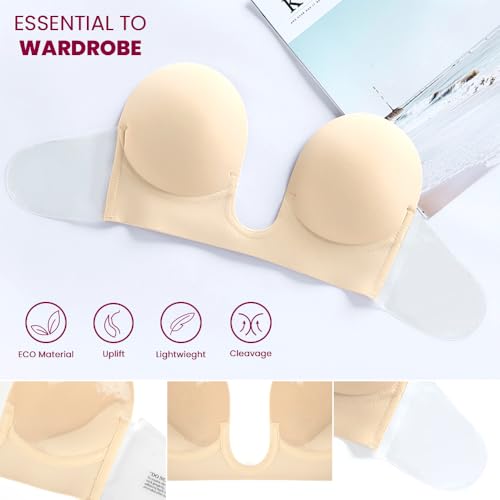 Image of JOATEAY Sticky Bra - Deep Plunge Strapless Push Up Reusable Underwire Adhesive Bra for Women Backless Dress Partywear Wedding