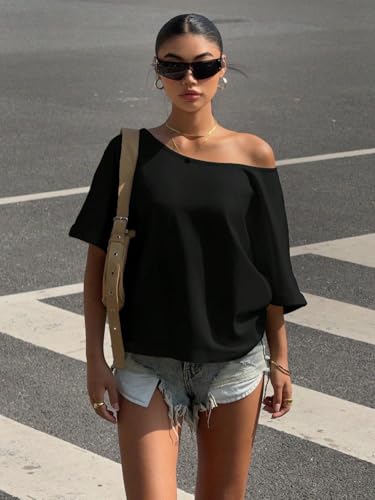 Image of SXV STYLE Women's Off-Shoulder T-Shirt, Short Sleeve, Casual Loose Fit, Black