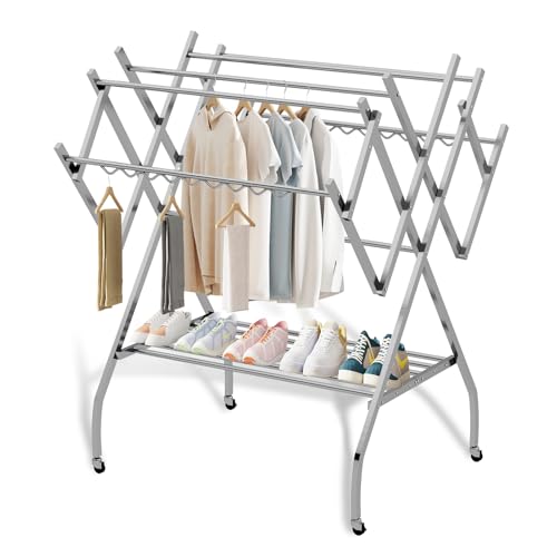 Sinbide Tendedero Plegable para Interior y Exterior, Metal Acero Inoxidable, 110 * 110 * 160CM, Portátil, Plegable, Ahorra Espacio, con Agujeros para Colgar, Doble Estante