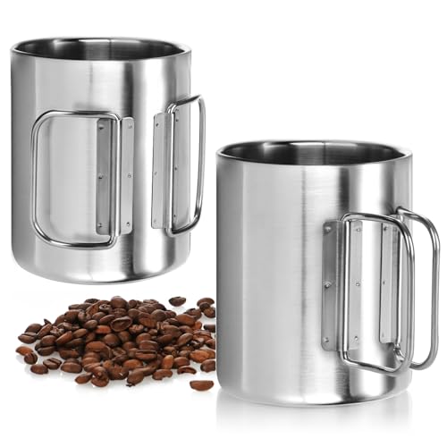com-four® 2 mugs café inox 350 ml chacun, gobelets isothermes acier inoxydable 304 avec poignée rabattable, double paroi isolante, sans BPA (couleur argent...