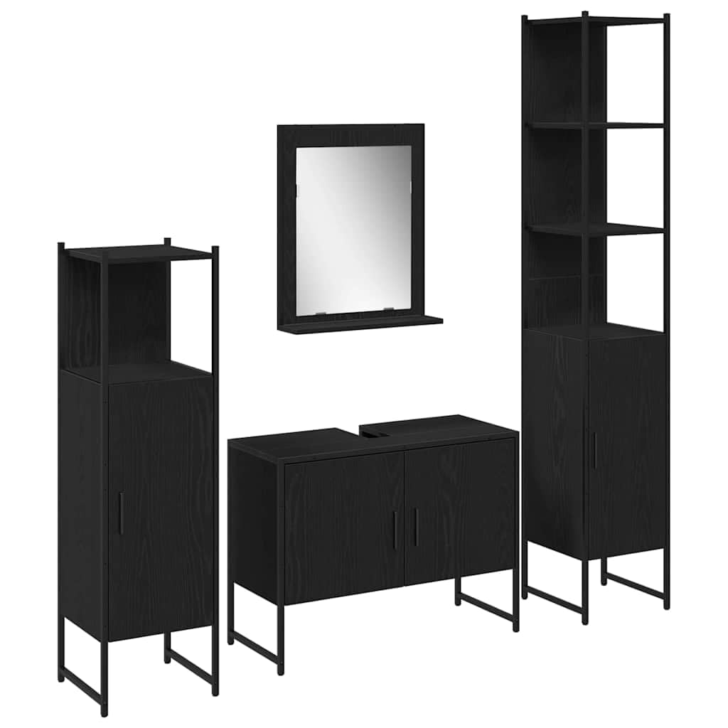 Juego de 4 muebles de baño de acero y madera con espejo, estante y armario, color negro