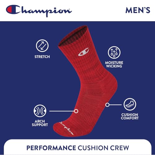 Image of Champion Men's Cushioned Crew Socks 5-Pack - Moisture-Wicking Athletic Crew Socks with Arch Support (Sizes 6-12)