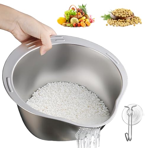 Rice Washer Strainer 304 Stainless Steel Rice Washing Bowl with Colander for Cleaning Fruits Vegetables and Beans 27cm