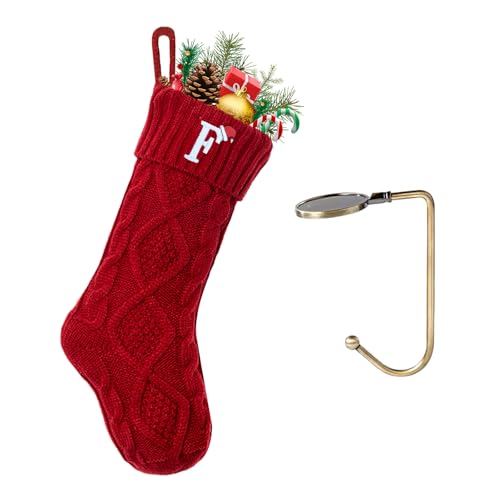 VRFASHION Christmas Stockings with Initials, Letter F Embroidered Xmas Stockings, 18" Large Monogram Knitted Xmas Stocking, Christmas Party Fireplace Family Hanging Stocking Decorations(1 Pack, Red)