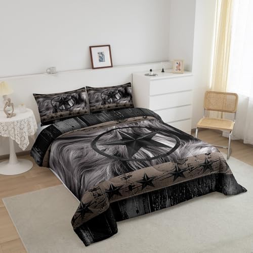 Image of Feelyou Black Western Texas Star Comforter Set Twin Size, Cowboy Bedding Set for Kids Boys Girls Teens Rustic Texas Star Comforter Wild West Cowboy Duvet Set Bed Set 2Pcs