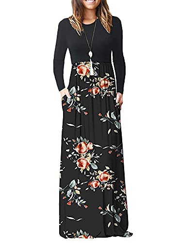 AUSELILY Women Long Sleeve Loose Plain Maxi Dresses Casual Long Dresses with Pockets (XL, Rose Black)