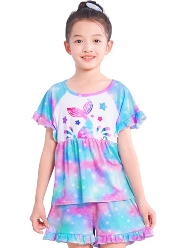 MHJY Girls Pajama Sets Ruffled Sleepwear Casual Sleeping Clothing 2pcs Flutter Sleeve Top and Shorts