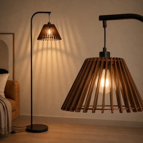 Image of LuminexDesigns Vintage Floor Lamp with Wooden Shade for Living Room, Tall Standing Lamp Design, 3 Color Temperatur Footswitch, E27 Socket, Black Retro Light for Bedroom Lounge Corner WOVI FL24