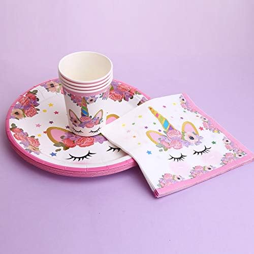 DERAYEE Unicorn Party Supplies, 36pc Unicorn Party Tableware Set Plates Cups Napkins Birthday Party Celebration Paper Tableware Decorations