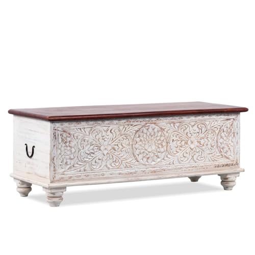 Image of Wifo Solid Wood Coffee Table for Living Room Wooden Trunk Box for Storage | Handcrafted Center Table for Living Room with Sandook Storage | Pitara for Bedroom (White Distress and Brown Top)
