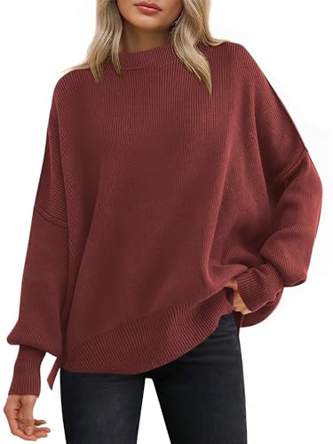 Image of ANRABESS Women Oversized Sweaters Batwing Long Sleeve 2026 Fall Outfits Crewneck Casual Knit Side Slit Fashion Pullover Top
