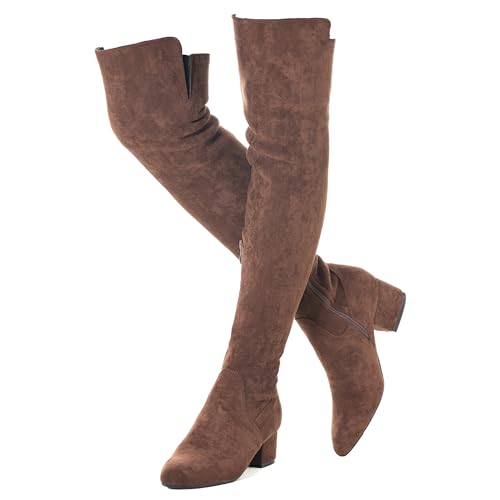 N.N.G Over the Knee Boots for Women Coffee Size 8 Low Heel Suede Thigh High 2inch Block Winter Long OTK Stretch Ladies Pointed Toe