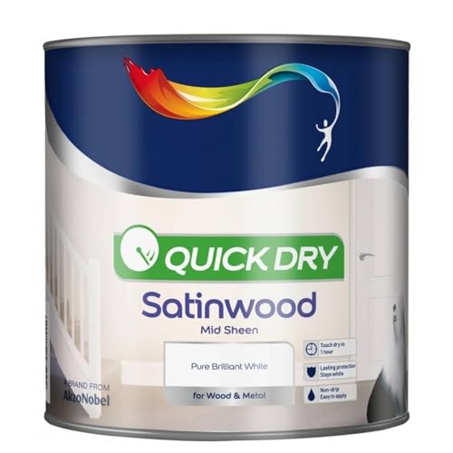 HOCHSTE Quick Dry Satinwood Paint Pure Brilliant White Water-Based Interior Paint for Wood & Metal Low Odour Non-Yellowing Wipeable Mid Sheen Finish Skirting Doors Trim White 750ml