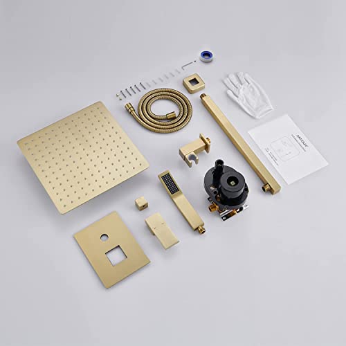 Image of Rain Shower System 12 Inches Shower Combo Set Brushed Gold Wall Mount Faucet Bathroom Faucets with Rainfall Shower Head and Hand Shower