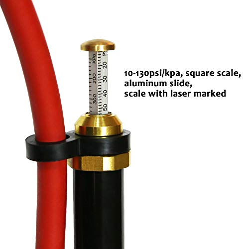 Measureman Heavy Duty Bayonet Style Tire Inflator, Aluminum Body, 20" Red Hose, Clip On Air Chuck, Aluminum Slide, Range 10-130Psi/Kpa #TOP1